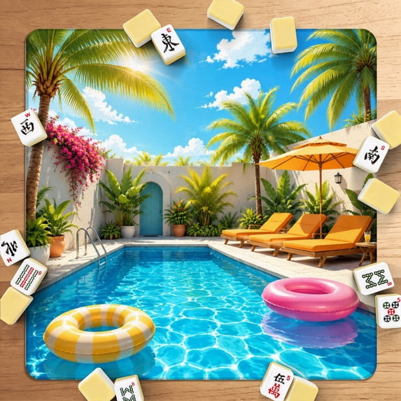 Mahjong Mat 31.5" x 31.5" Tropical Poolside Paradise Palm Trees Sun Loungers Inflatable Rings Non-Slip Noise Reduction American Mahjong Tiles Table Cover for Dominoes Poker Card Board Games Gift