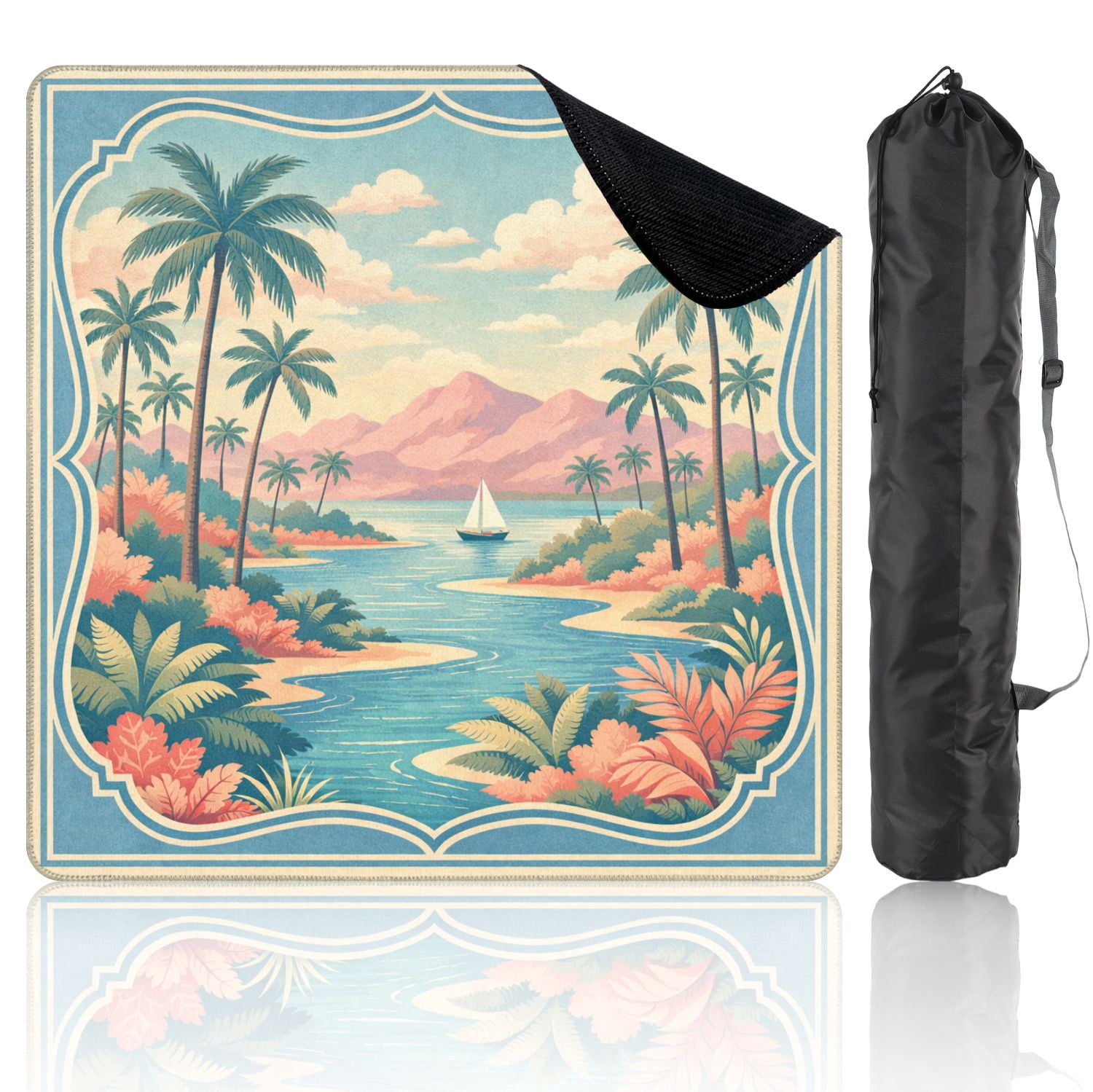 Mahjong Mat 31.5" x 31.5" Tropical Seaside Landscape Sailboat Palms Non-Slip Noise Reduction Mahjong Tiles Table Cover for Dominoes Poker Card Board and Tile Games