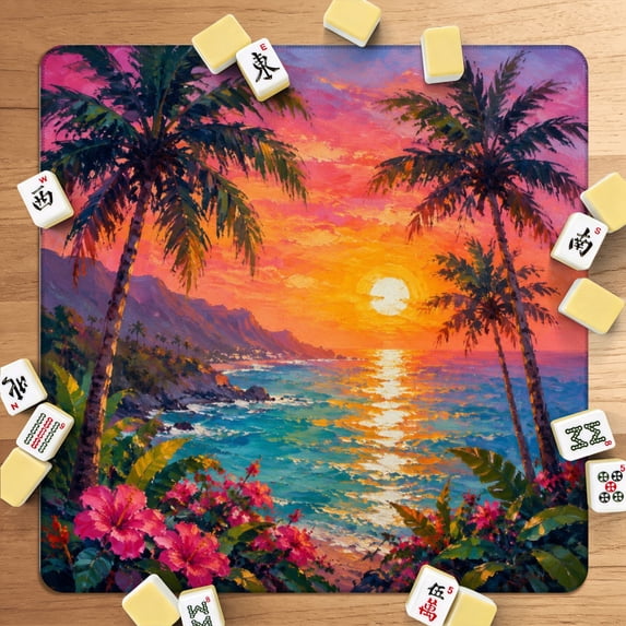 Mahjong Mat 31.5" x 31.5" Tropical Sunset Vibrant Sky Palm Trees Ocean View Non-Slip Noise Reduction American Mahjong Tiles Table Cover for Dominoes Poker Card Board Games Gift