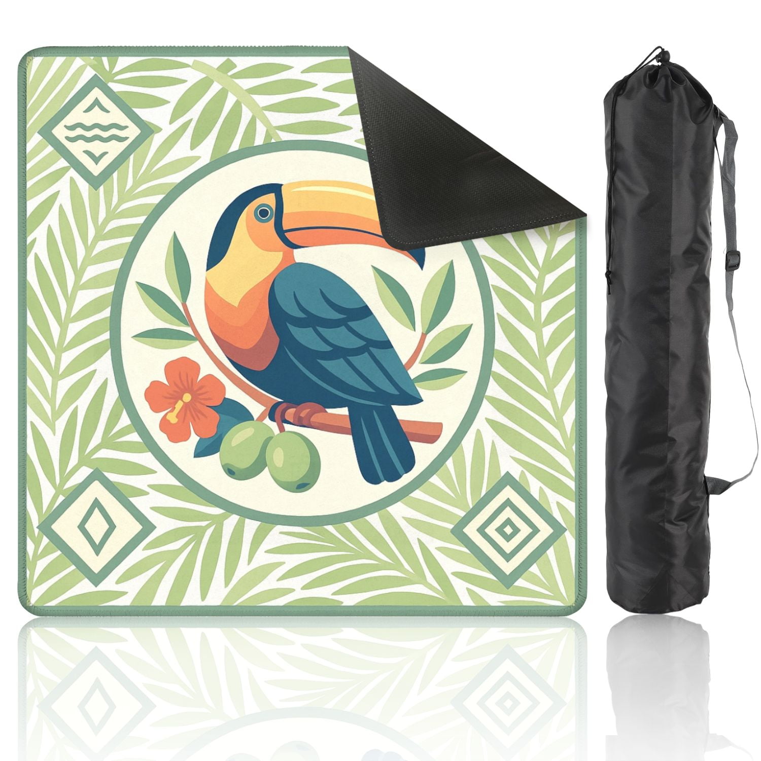 Mahjong Mat 31.5" x 31.5" Tropical Toucan Bird Vibrant Plumage Green Leaves Anti-Slip and Noise Reduction Symmetry Design Mahjong Tiles Table Cover for Dominoes Poker Card Board and Tile Games