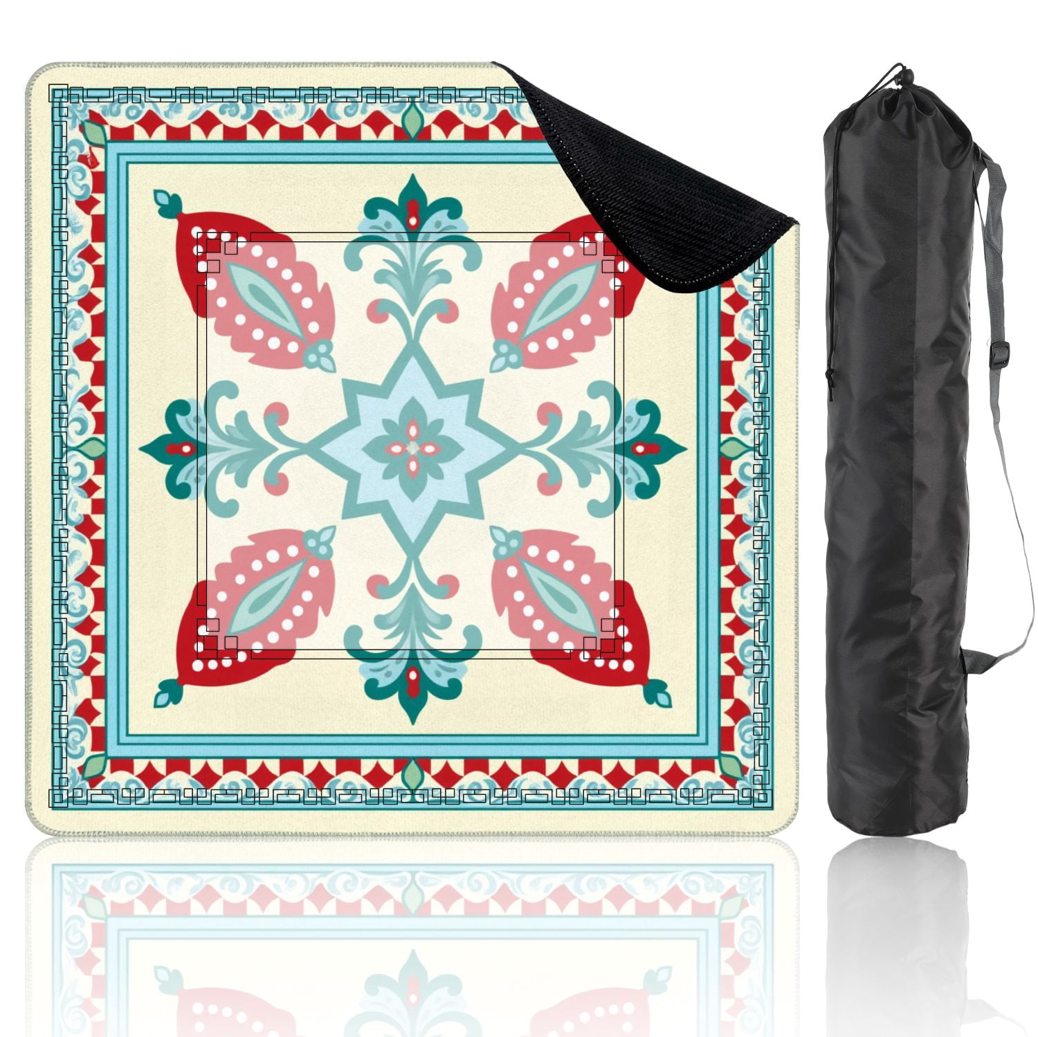 Mahjong Mat 31.5" x 31.5" Turkish Inspired Floral Geometric Red Blue Accents Non-Slip Noise Reduction American Mahjong Tiles Table Cover for Dominoes Poker Card Board Games Gift
