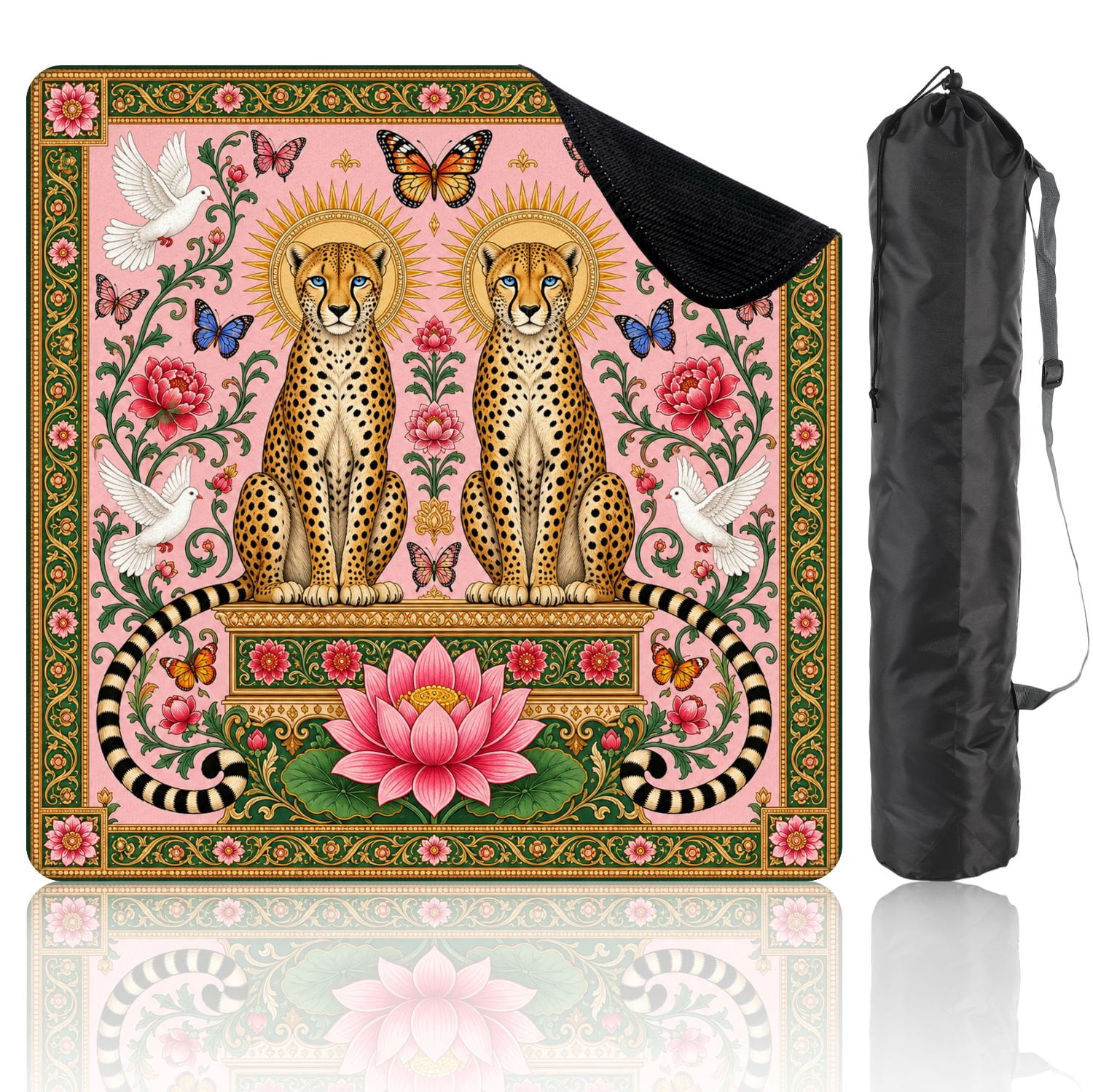 Mahjong Mat 31.5" x 31.5" Twin Leopards Golden Sunburst Floral Elements Pink Pastel Design Non-Slip Noise Reduction Chic Portable Gaming Table Cover for Family Game Night & Gift