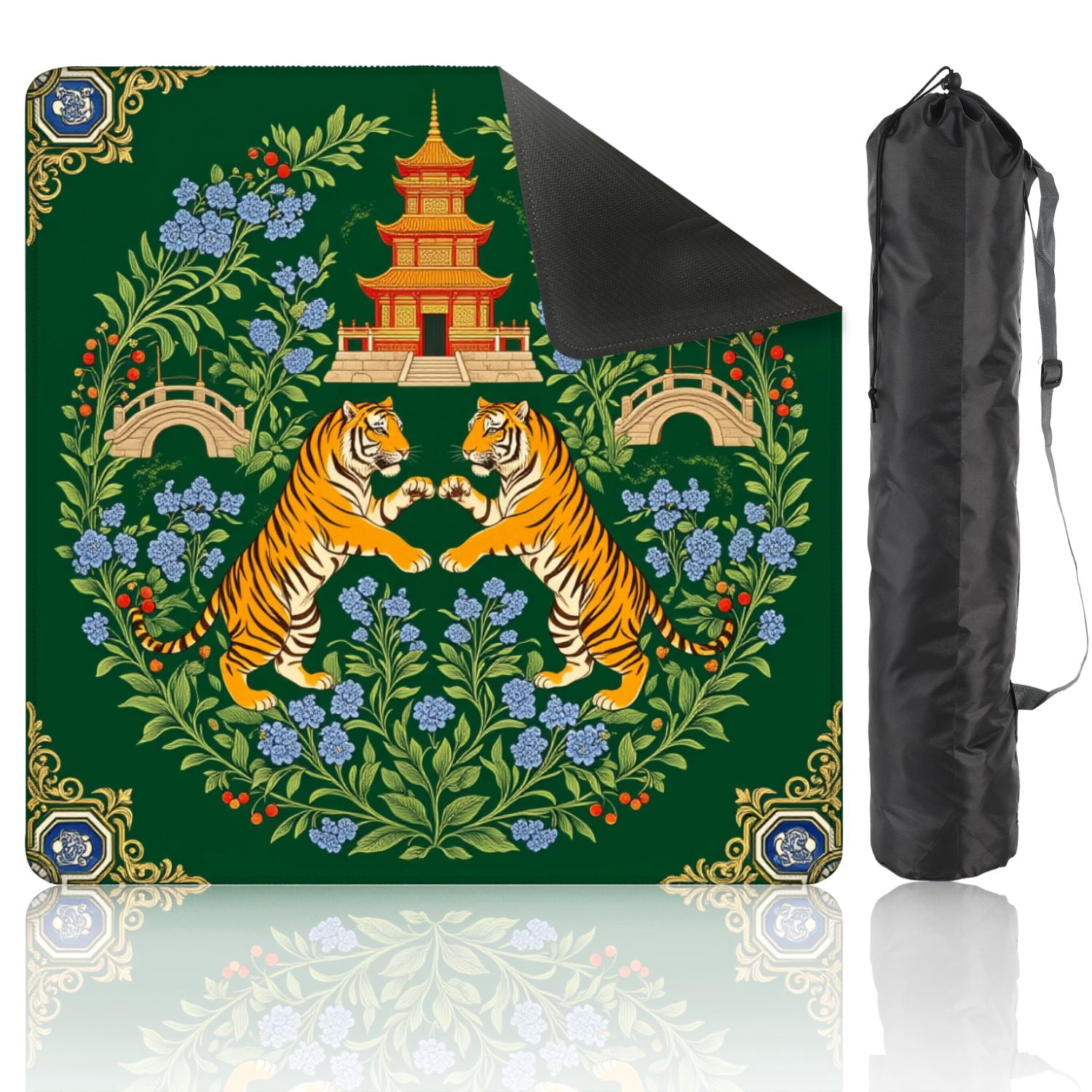 Mahjong Mat 31.5" x 31.5" Twin Tigers Chinese Pagoda Floral Details Green Non-Slip Noise Reduction American Mahjong Tiles Table Cover for Dominoes Poker Card Board Games Gift