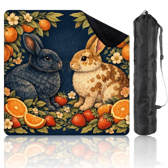 Mahjong Mat 31.5" x 31.5" Two Cute Rabbits Surrounded by Oranges Strawberries Blossoms Detailed Non-Slip Noise Reduction Mahjong Tiles Table Cover for Dominoes Poker Card Board and Tile Games