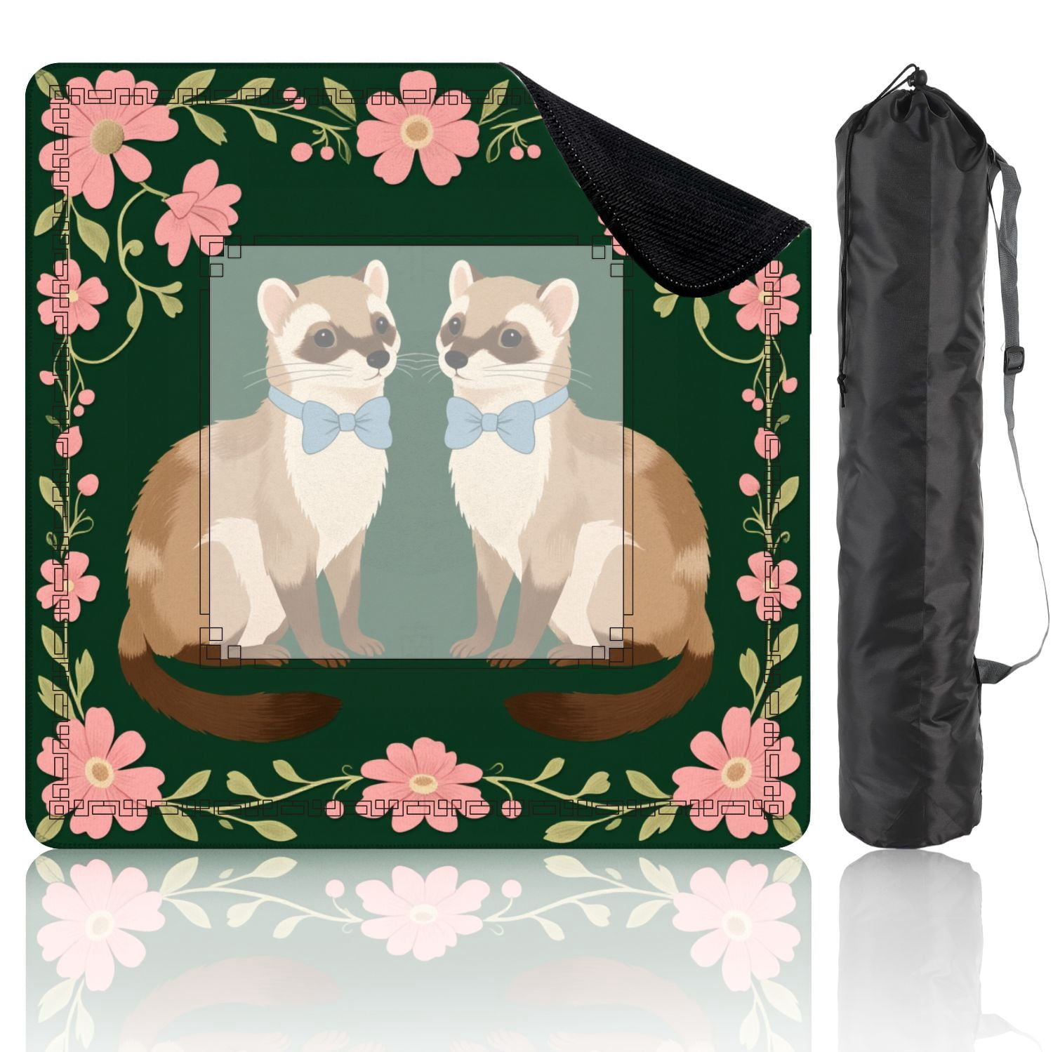 Mahjong Mat 31.5" x 31.5" Two Ferrets Blue Bows Surrounded by Pink Flowers Green Non-Slip Noise Reduction American Mahjong Tiles Table Cover for Dominoes Poker Card Board Games Gift