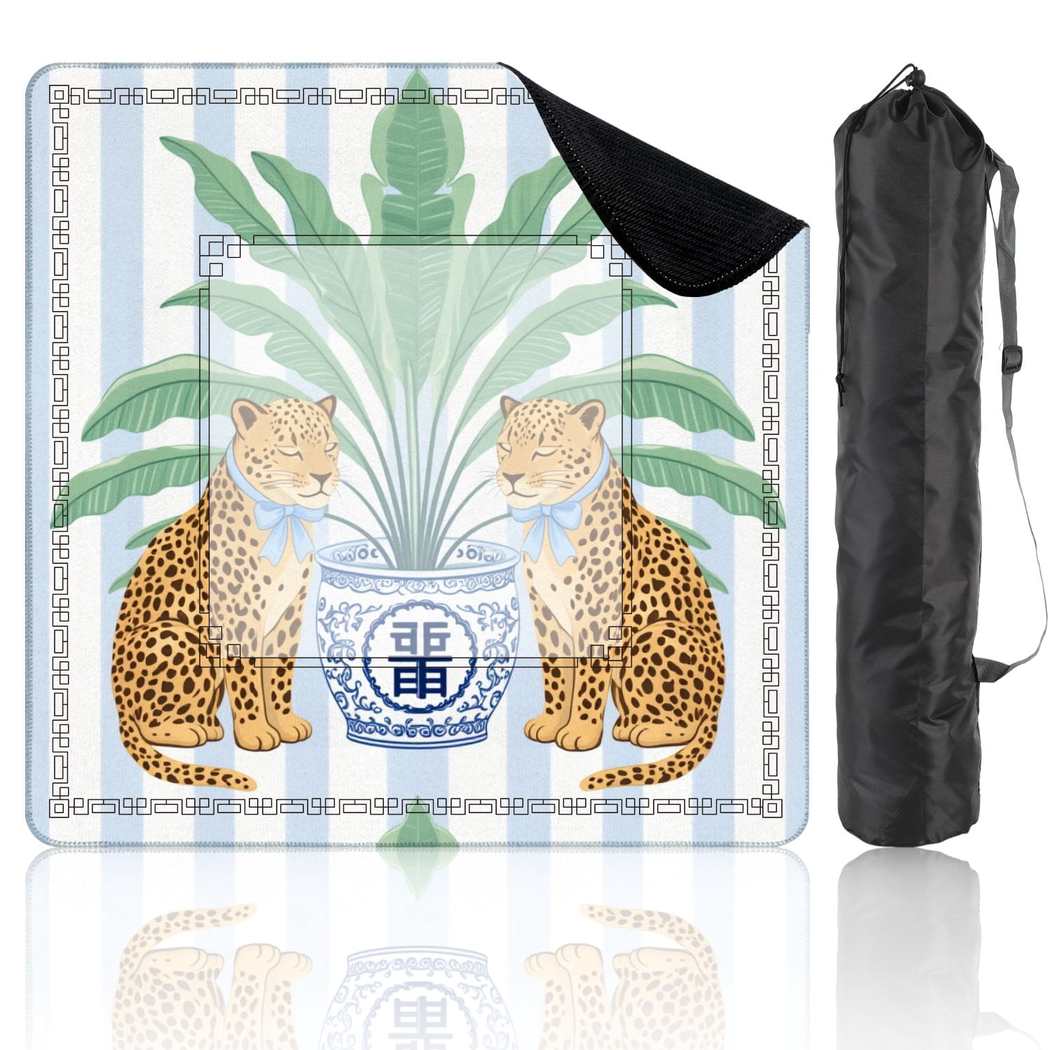 Mahjong Mat 31.5" x 31.5" Two Leopards Blue Bows Potted Plant Striped Non-Slip Noise Reduction American Mahjong Tiles Table Cover for Dominoes Poker Card Board Games Gift