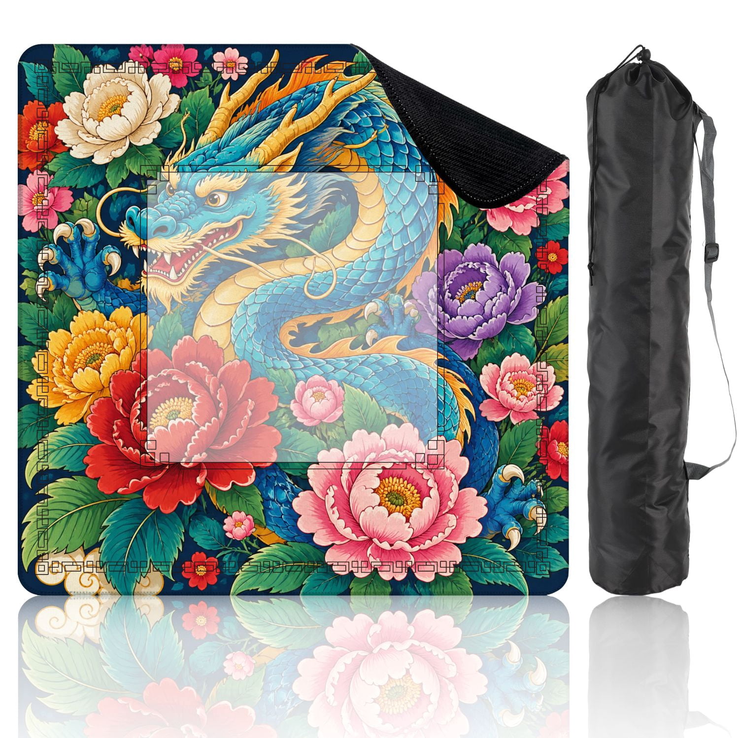 Mahjong Mat 31.5" x 31.5" Vibrant Amid Colorful Peonies Traditional Asian Style Non-Slip Noise Reduction American Mahjong Tiles Table Cover for Dominoes Poker Card Board Games Gift