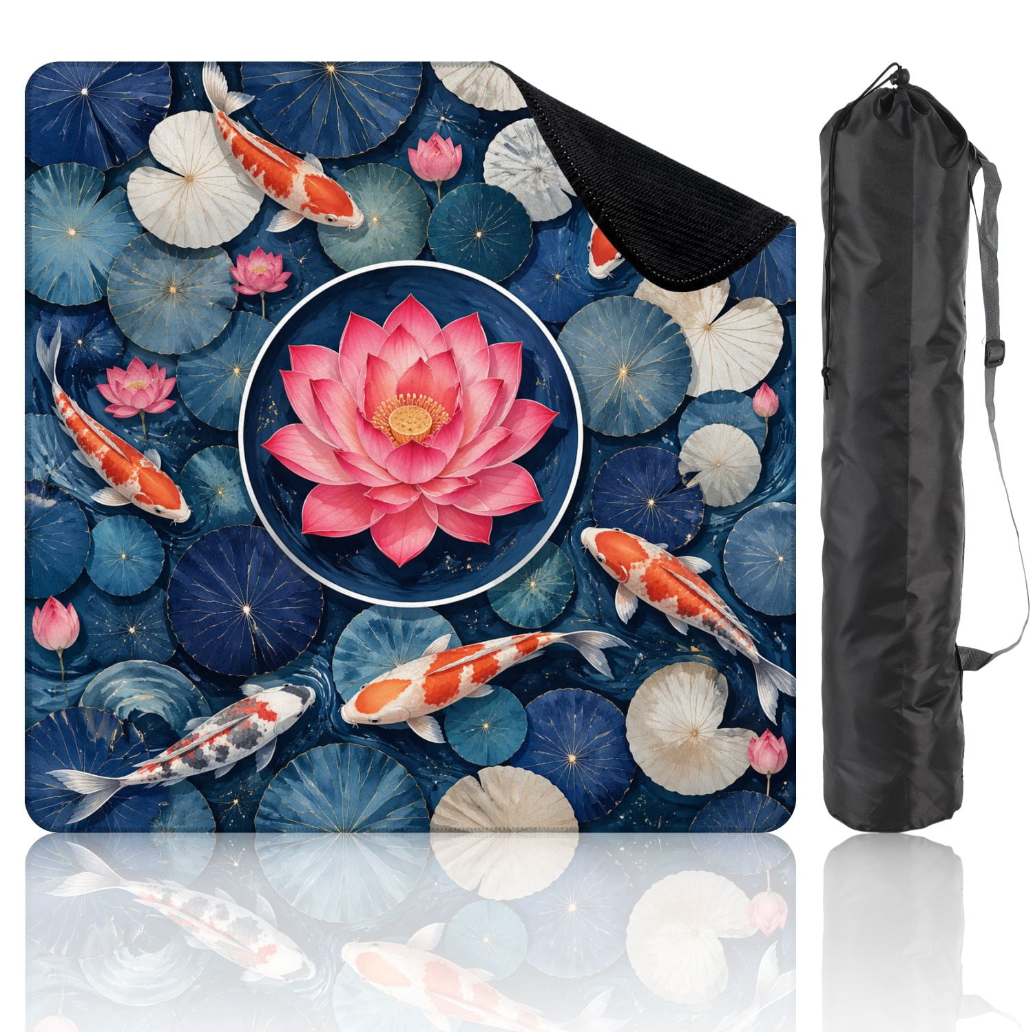 Mahjong Mat 31.5" x 31.5" Vibrant Fish Swimming Blue Lotus Leaves Pink Water Lily Centerpiece Non-Slip Noise Reduction Mahjong Tiles Table Cover for Dominoes Poker Card Board and Tile Games