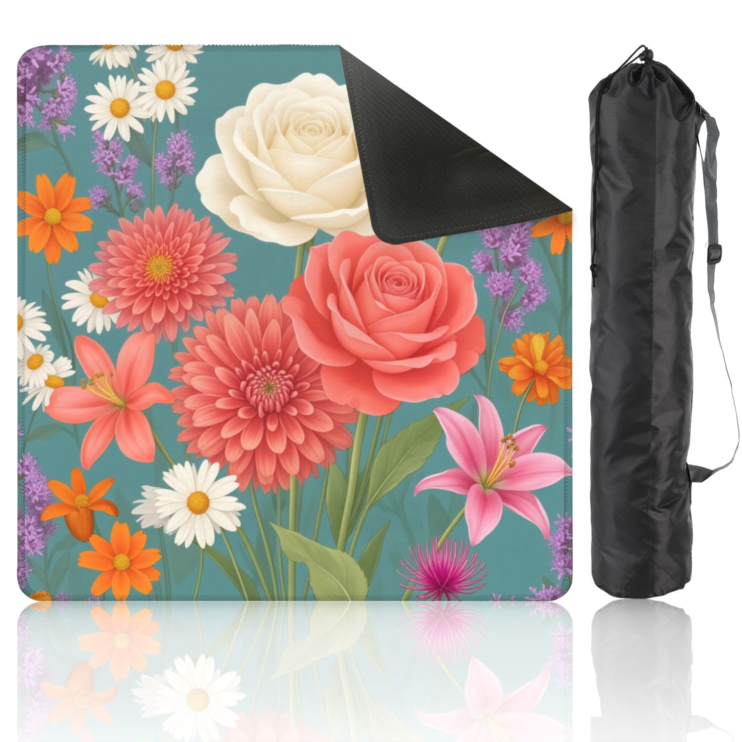 Mahjong Mat 31.5" x 31.5" Vibrant Floral Arrangement Roses Daisies Lilies Teal Non-Slip Noise Reduction American Mahjong Tiles Table Cover for Dominoes Poker Card Board Games Gift
