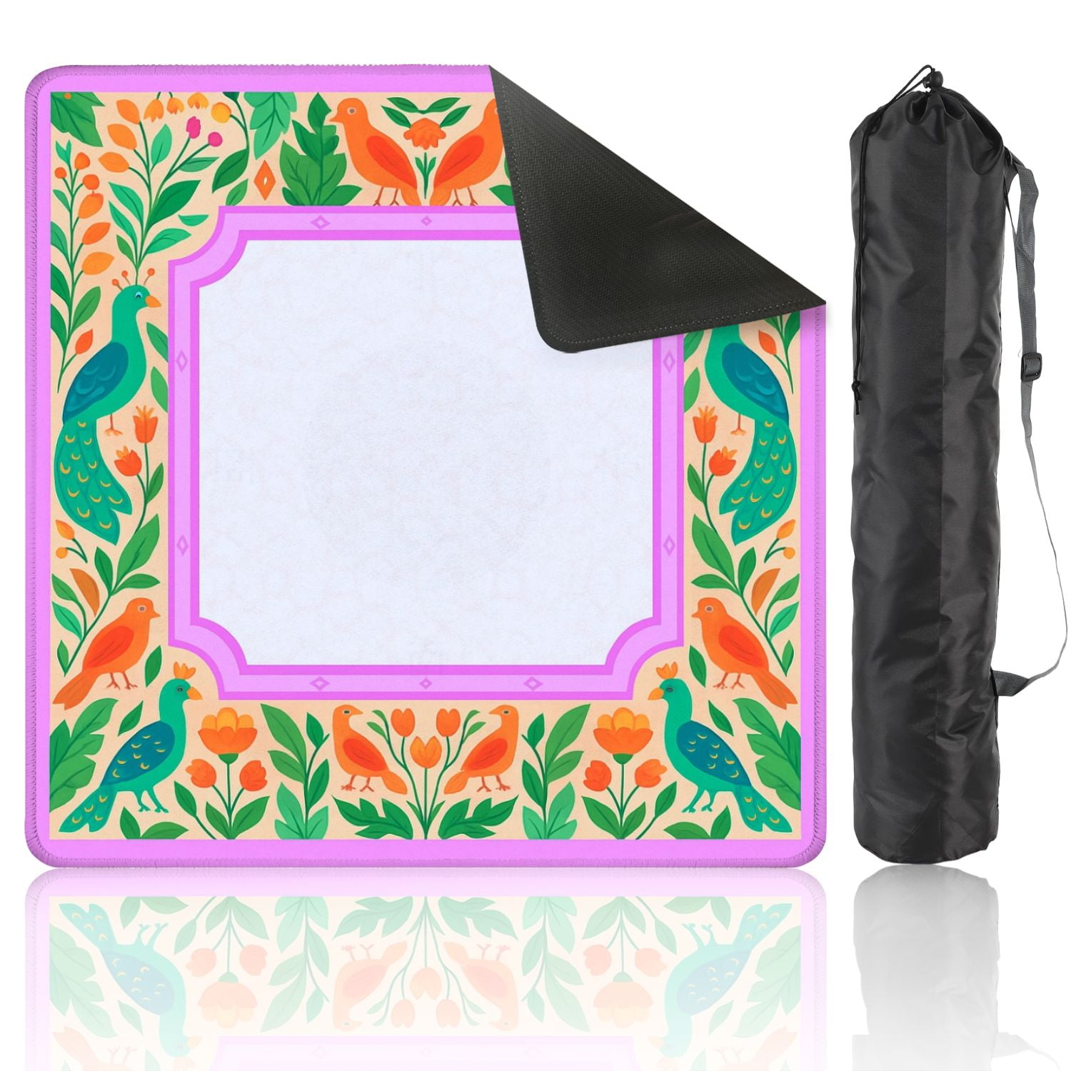 Mahjong Mat 31.5" x 31.5" Vibrant Floral Border Colorful Birds Leaves Anti-Slip and Noise Reduction Symmetry Design Mahjong Tiles Table Cover for Dominoes Poker Card Board and Tile Games