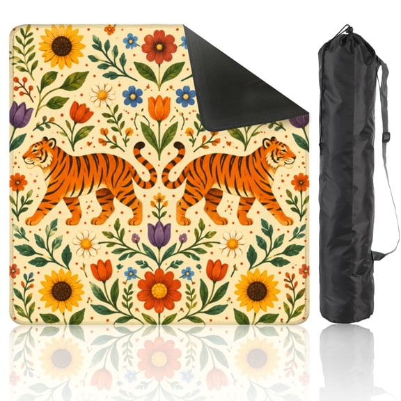 Mahjong Mat 31.5" x 31.5" Vibrant Floral Two Orange Tigers Colorful Flowers Non-Slip Noise Reduction American Mahjong Tiles Table Cover for Dominoes Poker Card Board Games Gift
