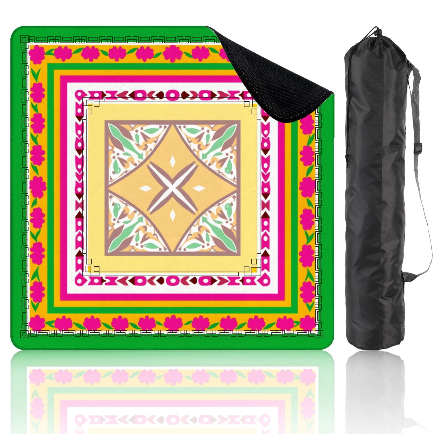 Mahjong Mat 31.5" x 31.5" Vibrant Geometric Floral Pink Green Yellow Symmetrical Design Non-Slip Noise Reduction American Mahjong Tiles Table Cover for Dominoes Poker Card Board Games Gift