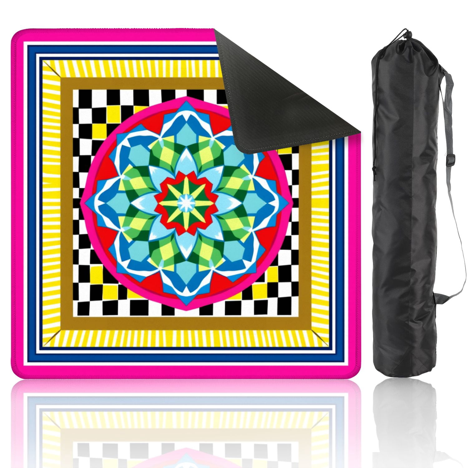 Mahjong Mat 31.5" x 31.5" Vibrant Geometric Mandala Checkerboard Bright Color Borders Non-Slip Noise Reduction American Mahjong Tiles Table Cover for Dominoes Poker Card Board Games Gift