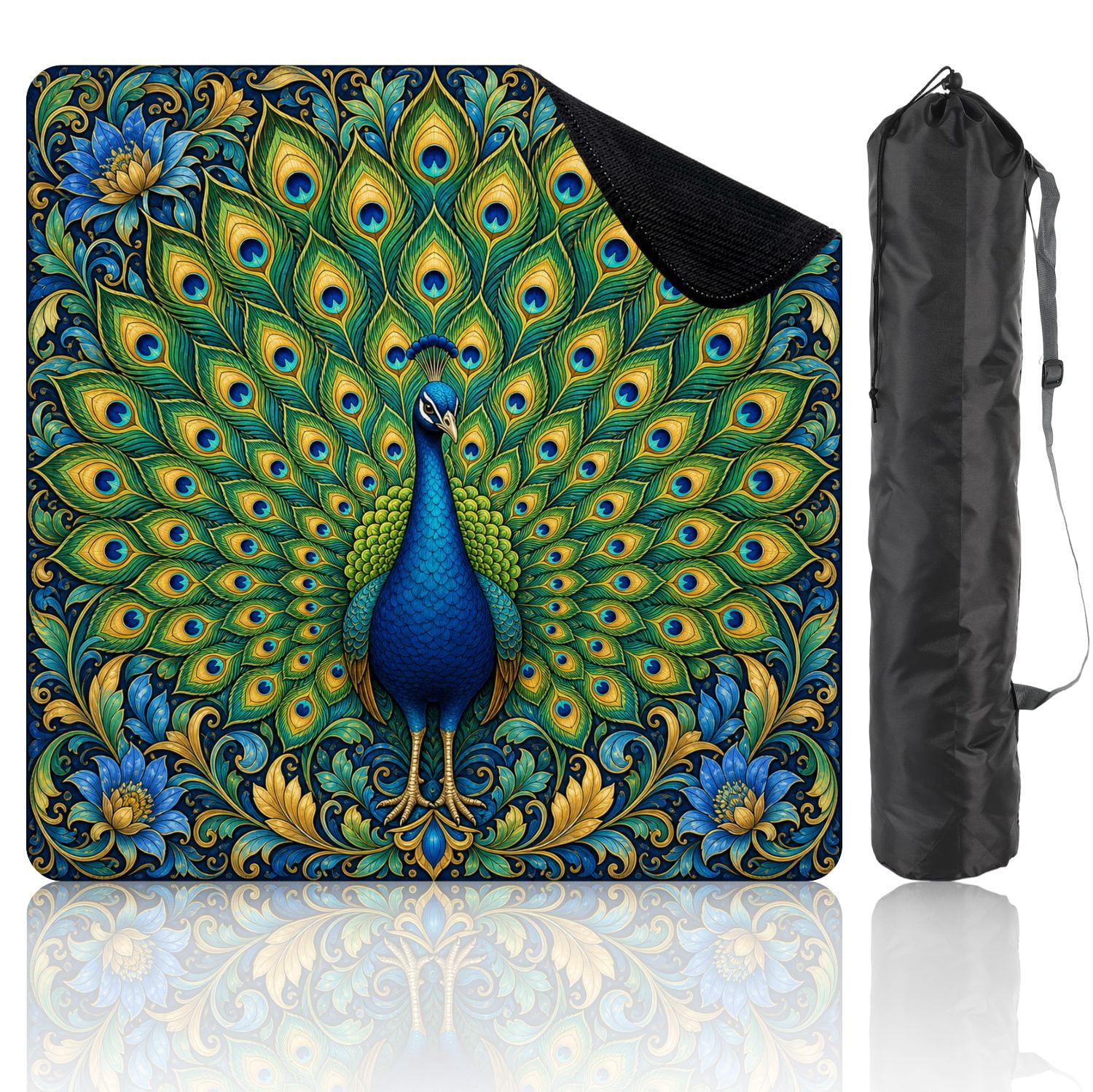 Mahjong Mat 31.5" x 31.5" Vibrant Peacock Colorful Feather Display Intricate Mandala Non-Slip Noise Reduction Mahjong Tiles Table Cover for Dominoes Poker Card Board and Tile Games