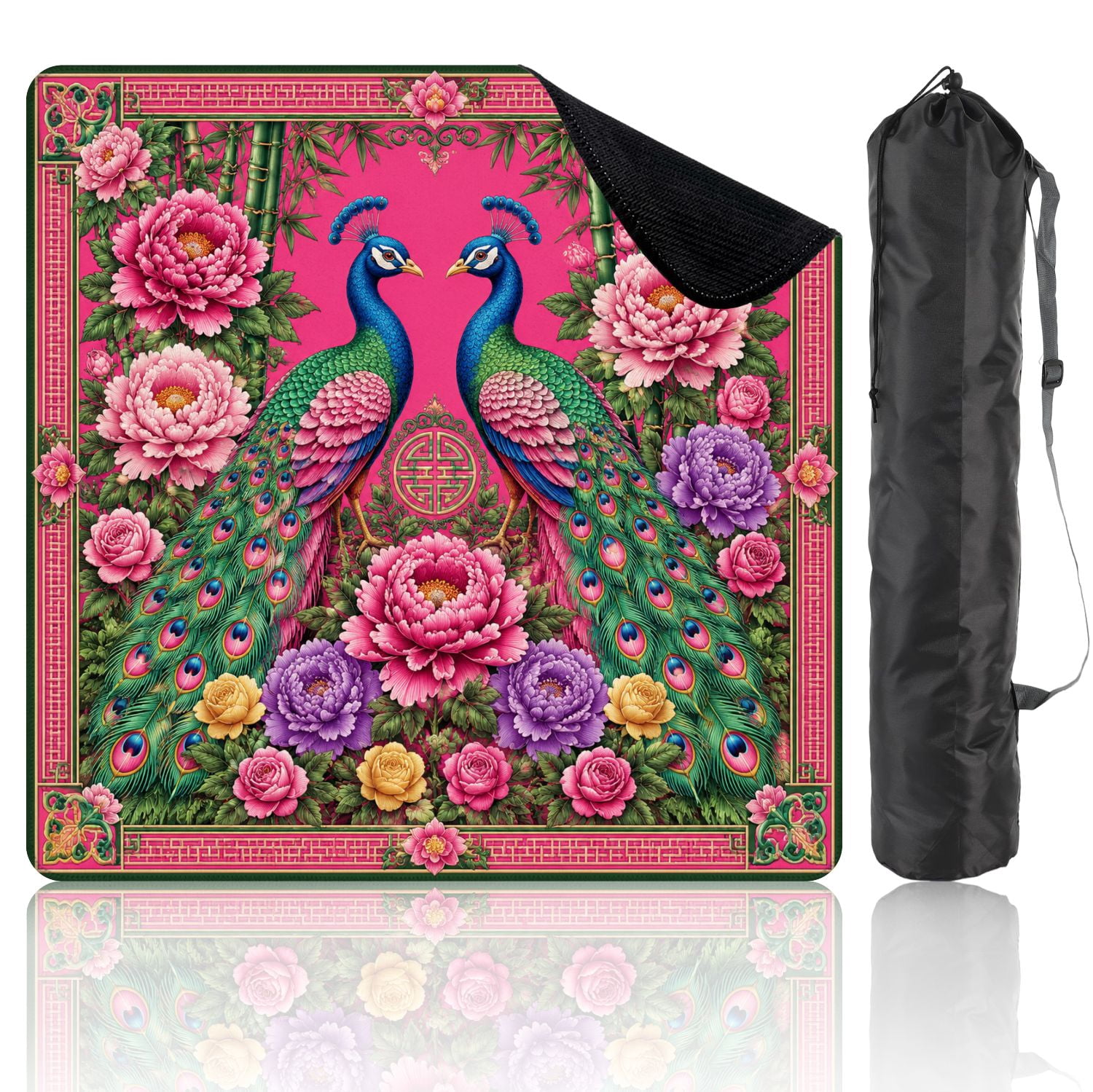 Mahjong Mat 31.5" x 31.5" Vibrant Peacock Floral Art Colorful Feathers Bright Pink Non-Slip Noise Reduction Chic Portable Gaming Table Cover for Family Game Night & Gift