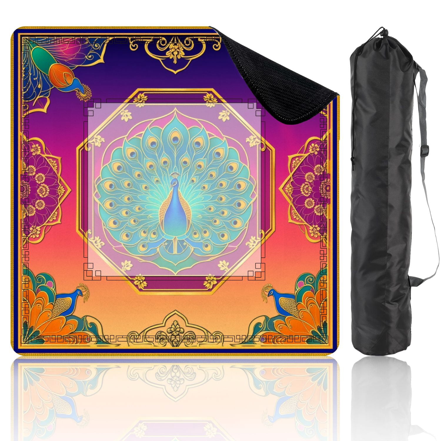 Mahjong Mat 31.5" x 31.5" Vibrant Peacock Ornate Mandala Gradient Non-Slip Noise Reduction American Mahjong Tiles Table Cover for Dominoes Poker Card Board Games Gift