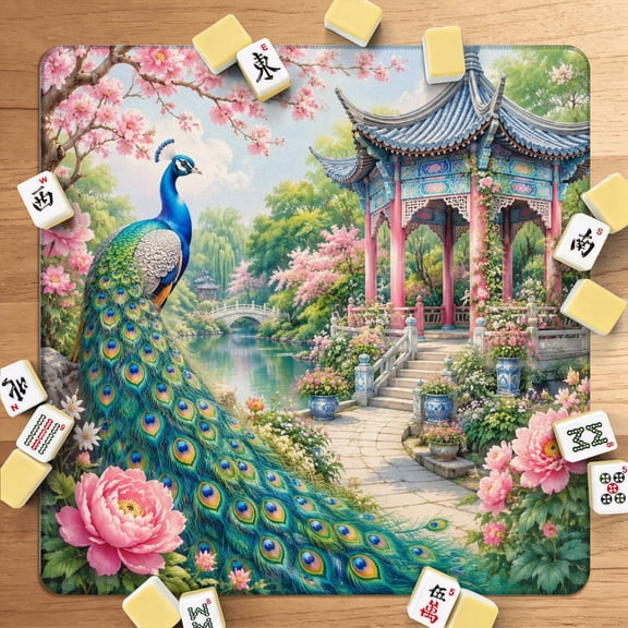 Mahjong Mat 31.5" x 31.5" Vibrant Peacock Serene Oriental Garden Cherry Blossoms Traditional Non-Slip Noise Reduction American Mahjong Tiles Table Cover for Dominoes Poker Card Board Games Gift