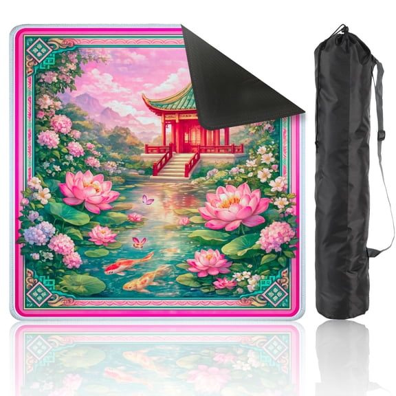 Mahjong Mat 31.5" x 31.5" Vibrant Pink Peonies Oriental Garden Pavilion Art Anti-Slip and Noise Reduction Symmetry Design Mahjong Tiles Table Cover for Dominoes Poker Card Board and Tile Games