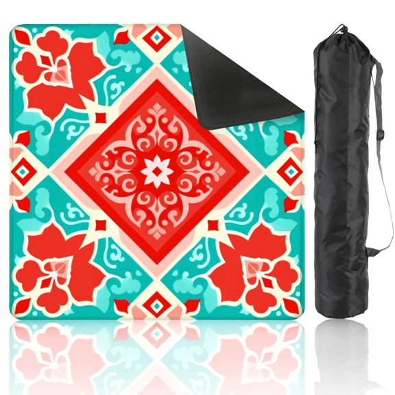 Mahjong Mat 31.5" x 31.5" Vibrant Red Teal Geometric Floral Anti-Slip and Noise Reduction Symmetry Design Mahjong Tiles Table Cover for Dominoes Poker Card Board and Tile Games