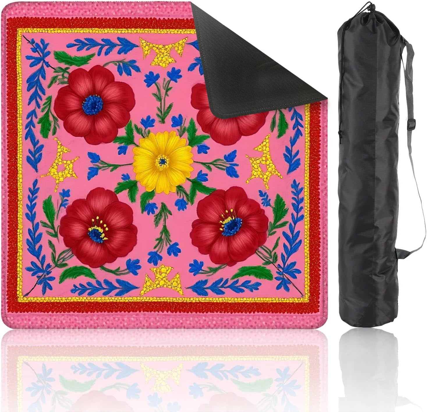 Mahjong Mat 31.5" x 31.5" Vibrant Red Yellow Floral Blue Leaves Pink Folk Art Style Non-Slip Noise Reduction Mahjong Tiles Table Cover for Dominoes Poker Card Board and Tile Games Gift