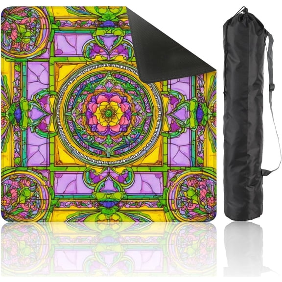 Mahjong Mat 31.5" x 31.5" Vibrant Stained Glass Floral Yellow Purple Hues Non-Slip Noise Reduction Mahjong Tiles Table Cover for Dominoes Poker Card Board and Tile Games Gift