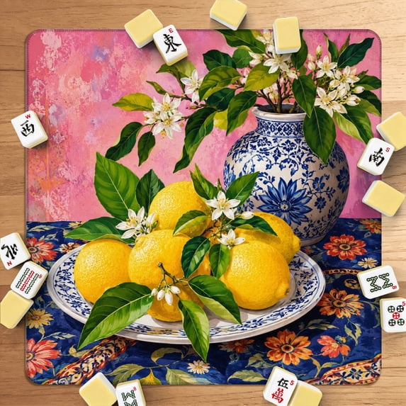 Mahjong Mat 31.5" x 31.5" Vibrant Still Life Lemons Blue Floral Vase Decorative Tablecloth Non-Slip Noise Reduction American Mahjong Tiles Table Cover for Dominoes Poker Card Board Games Gift