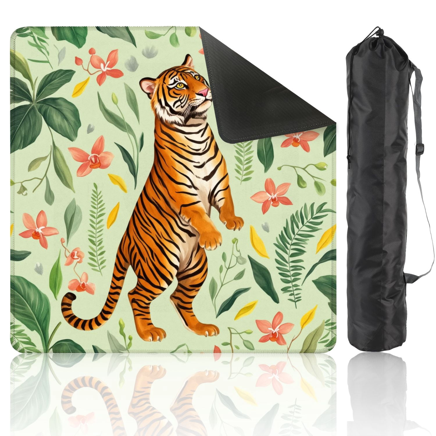 Mahjong Mat 31.5" x 31.5" Vibrant Tiger Amongst Floral Greenery Non-Slip Noise Reduction American Mahjong Tiles Table Cover for Dominoes Poker Card Board Games Gift