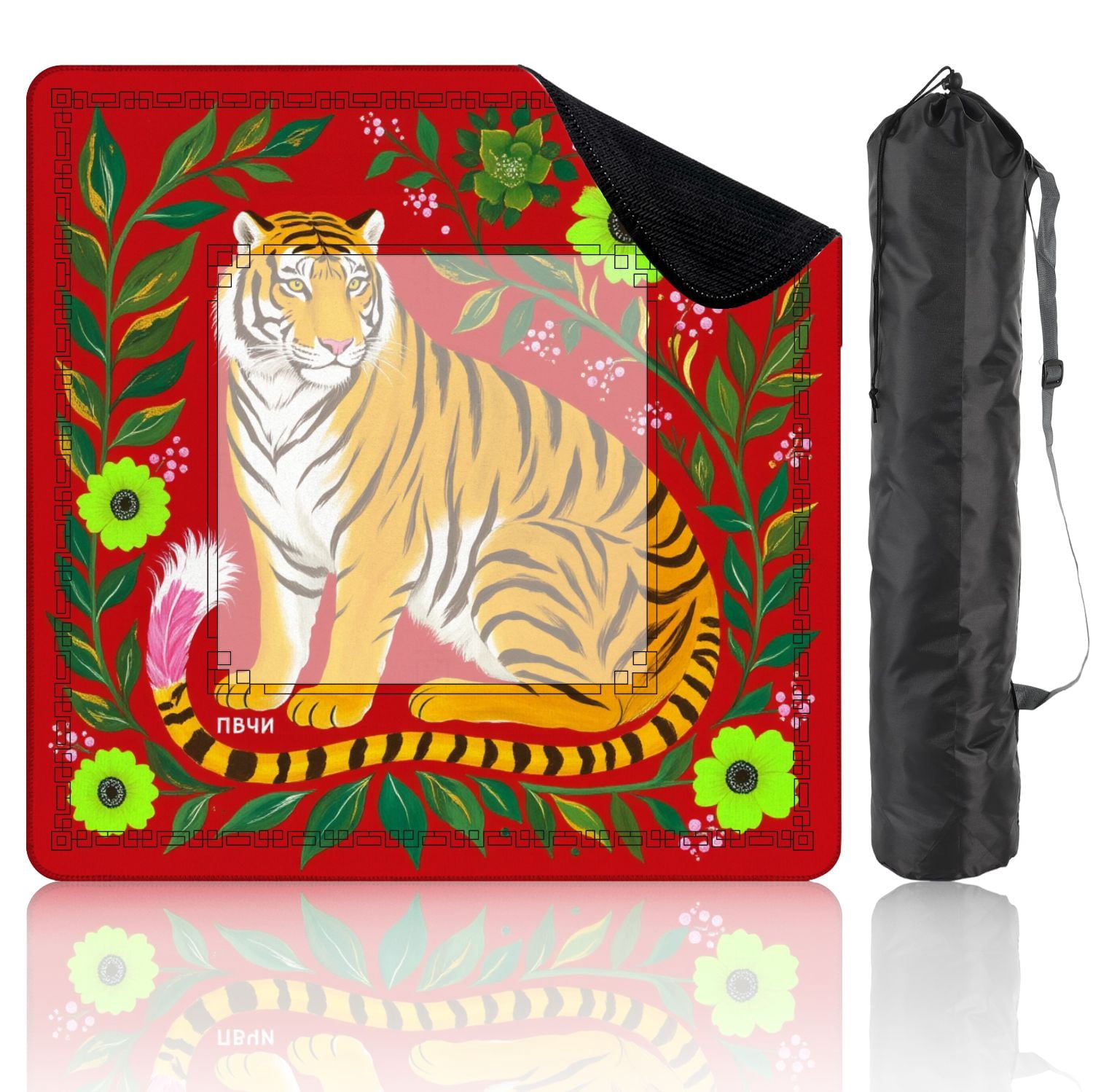 Mahjong Mat 31.5" x 31.5" Vibrant Tiger Green Flowers Leaves Red Non-Slip Noise Reduction American Mahjong Tiles Table Cover for Dominoes Poker Card Board Games Gift