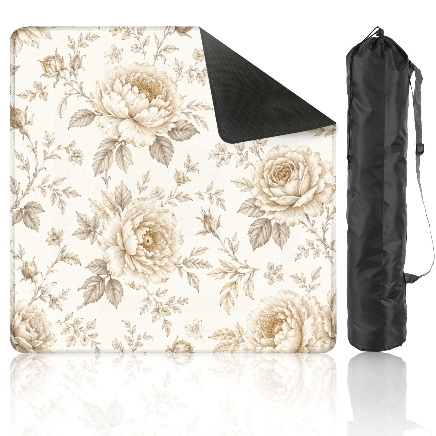 Mahjong Mat 31.5" x 31.5" Vintage Beige Peony Floral Toile Elegant Botanical Details Non-Slip Noise Reduction American Mahjong Tiles Table Cover for Dominoes Poker Card Board Games Gift