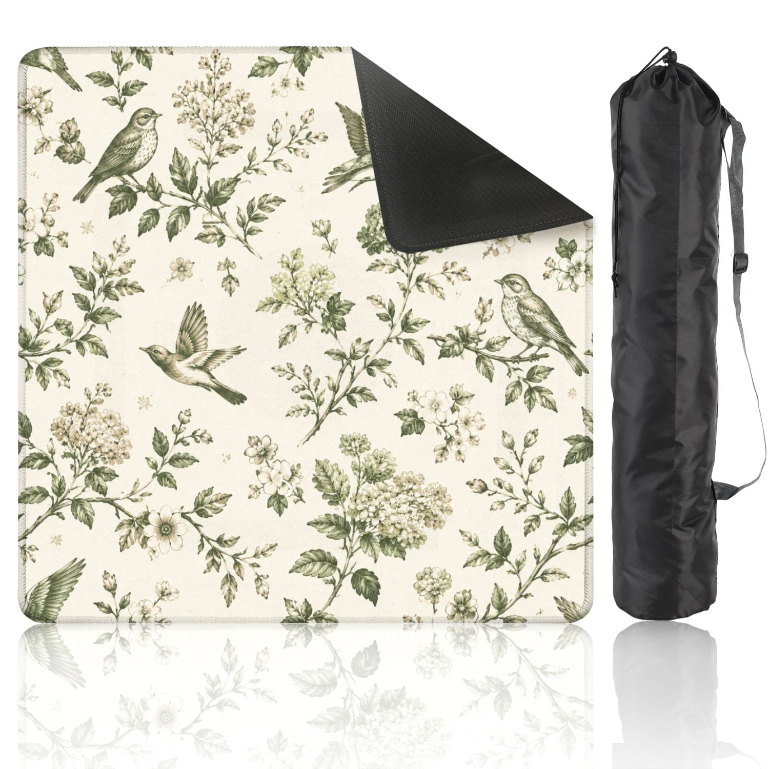 Mahjong Mat 31.5" x 31.5" Vintage Botanical Birds Flowers Green Monochrome Non-Slip Noise Reduction American Mahjong Tiles Table Cover for Dominoes Poker Card Board Games Gift