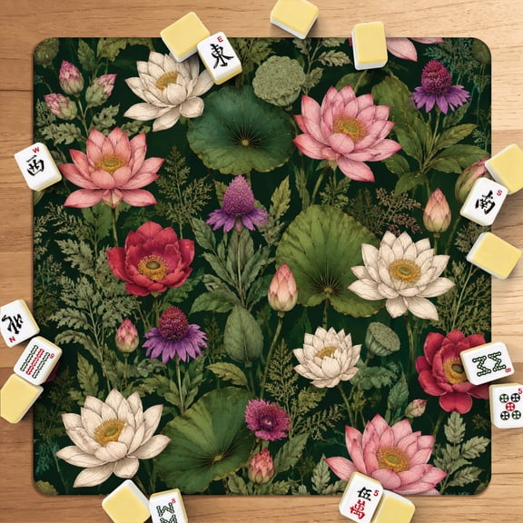 Mahjong Mat 31.5" x 31.5" Vintage Botanical Lotus Flowers Green Leaves Dark Non-Slip Noise Reduction American Mahjong Tiles Table Cover for Dominoes Poker Card Board Games Gift