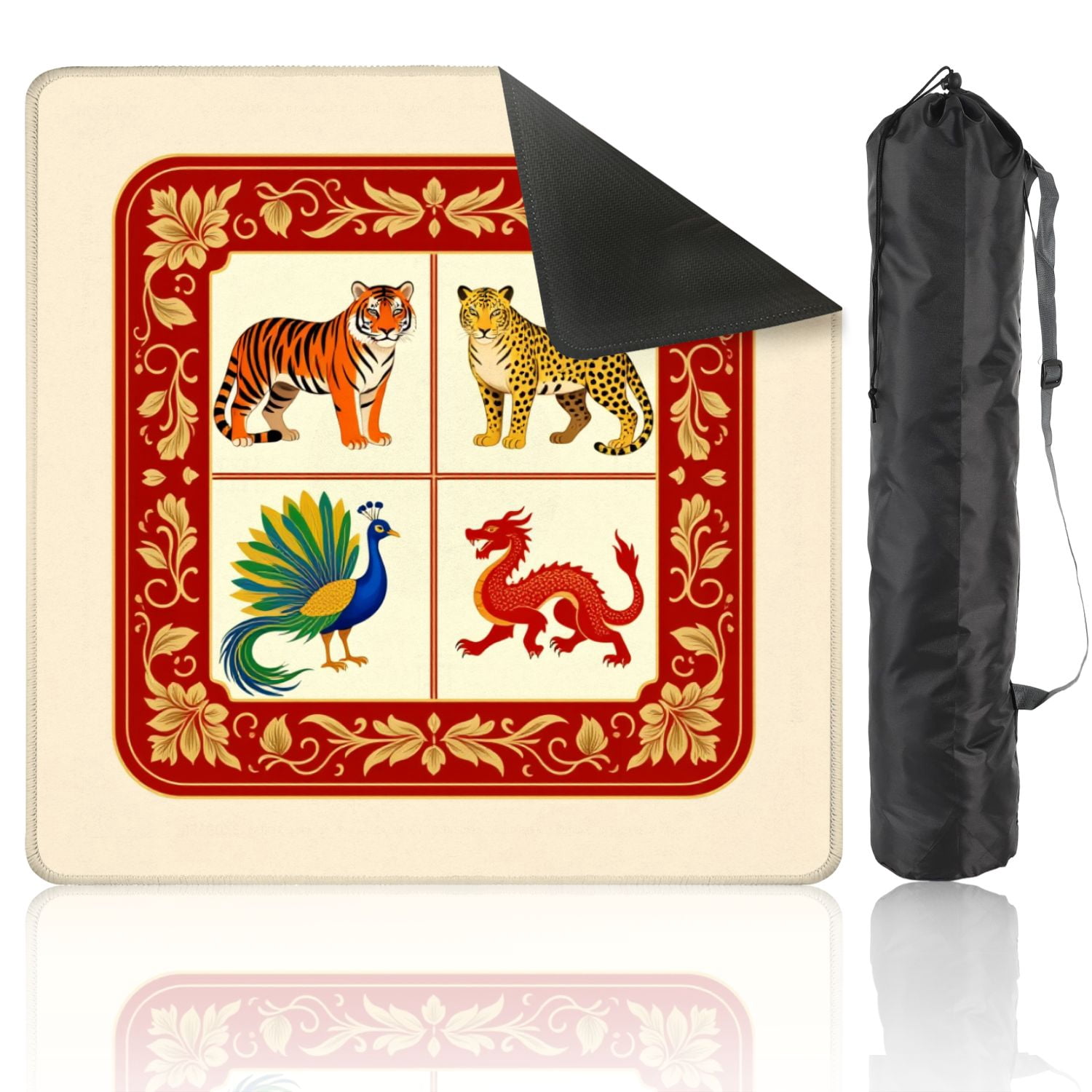 Mahjong Mat 31.5" x 31.5" Vintage Chinese Zodiac Animals Tiger Leopard Peacock Dragon Non-Slip Noise Reduction American Mahjong Tiles Table Cover for Dominoes Poker Card Board Games Gift