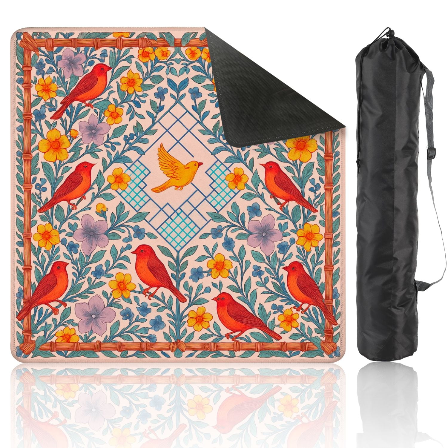 Mahjong Mat 31.5" x 31.5" Vintage Floral Birds Bright Colors Anti-Slip and Noise Reduction Symmetry Design Mahjong Tiles Table Cover for Dominoes Poker Card Board and Tile Games