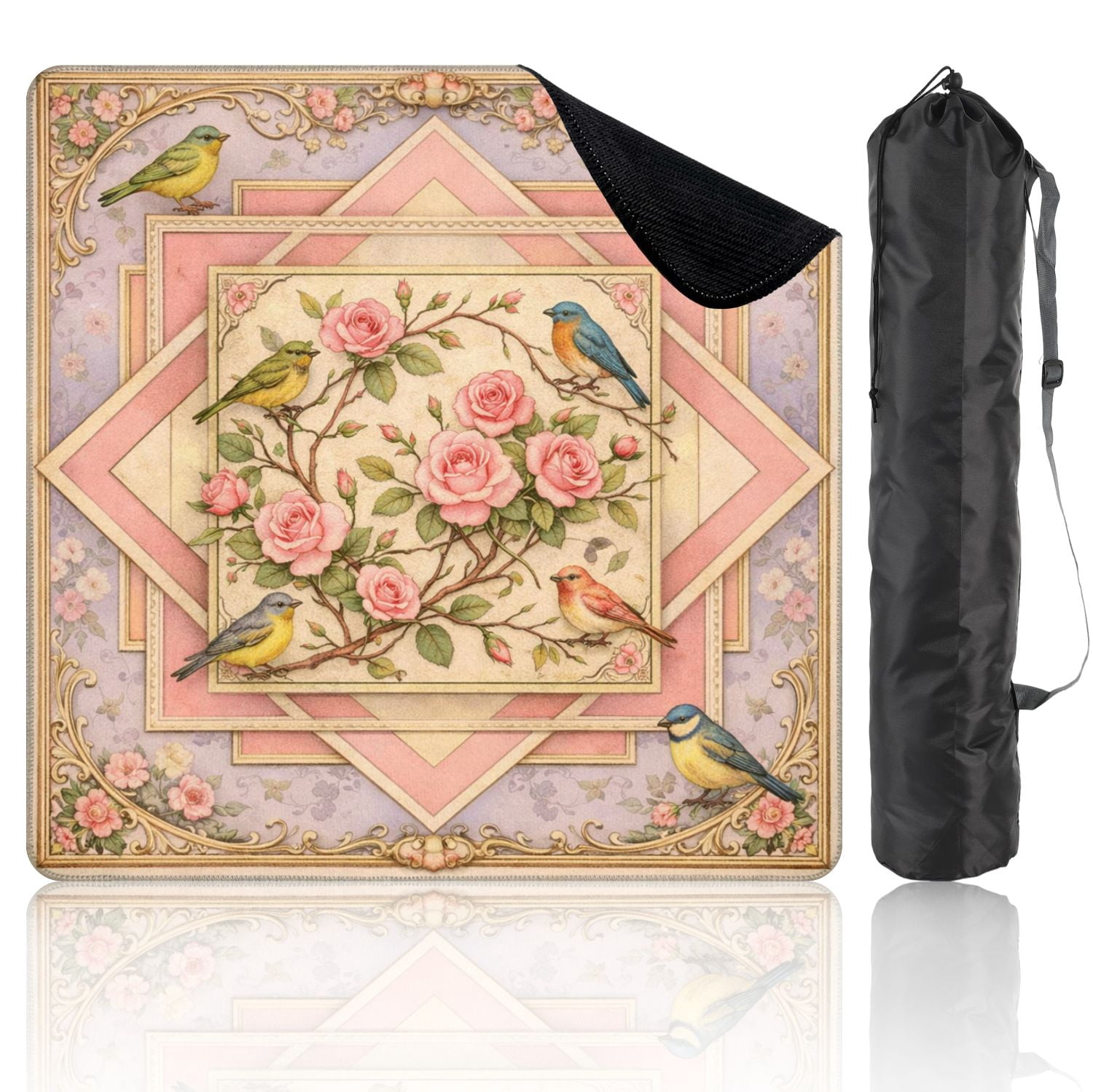 Mahjong Mat 31.5" x 31.5" Vintage Floral Birds Roses Soft Pink Green Tones Non-Slip Noise Reduction Mahjong Tiles Table Cover for Dominoes Poker Card Board and Tile Games