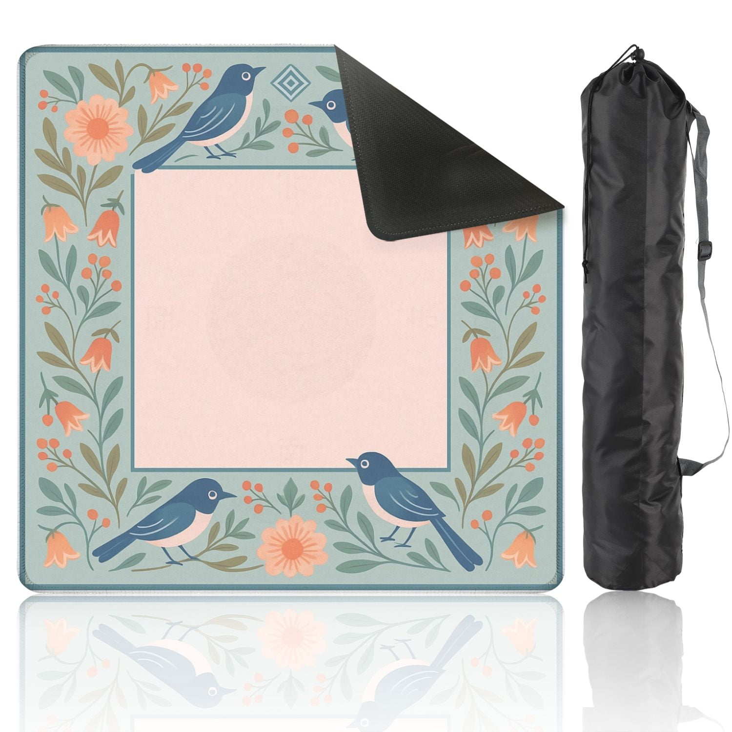 Mahjong Mat 31.5" x 31.5" Vintage Floral Border Birds Soft Pastel Colors Anti-Slip and Noise Reduction Symmetry Design Mahjong Tiles Table Cover for Dominoes Poker Card Board and Tile Games