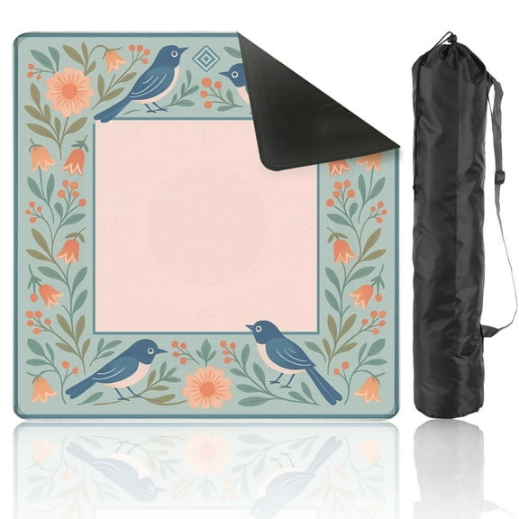 Mahjong Mat 31.5" x 31.5" Vintage Floral Border Birds Soft Pastel Colors Anti-Slip and Noise Reduction Symmetry Design Mahjong Tiles Table Cover for Dominoes Poker Card Board and Tile Games