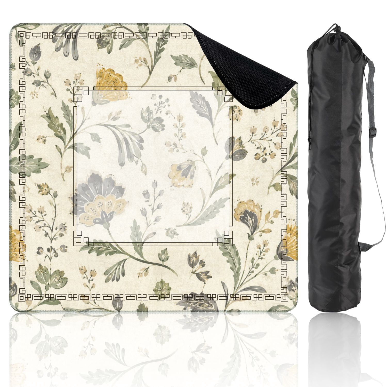 Mahjong Mat 31.5" x 31.5" Vintage Floral Botanical Soft Green Mustard Yellow Gray Watercolor Non-Slip Noise Reduction American Mahjong Tiles Table Cover for Dominoes Poker Card Board Games Gift