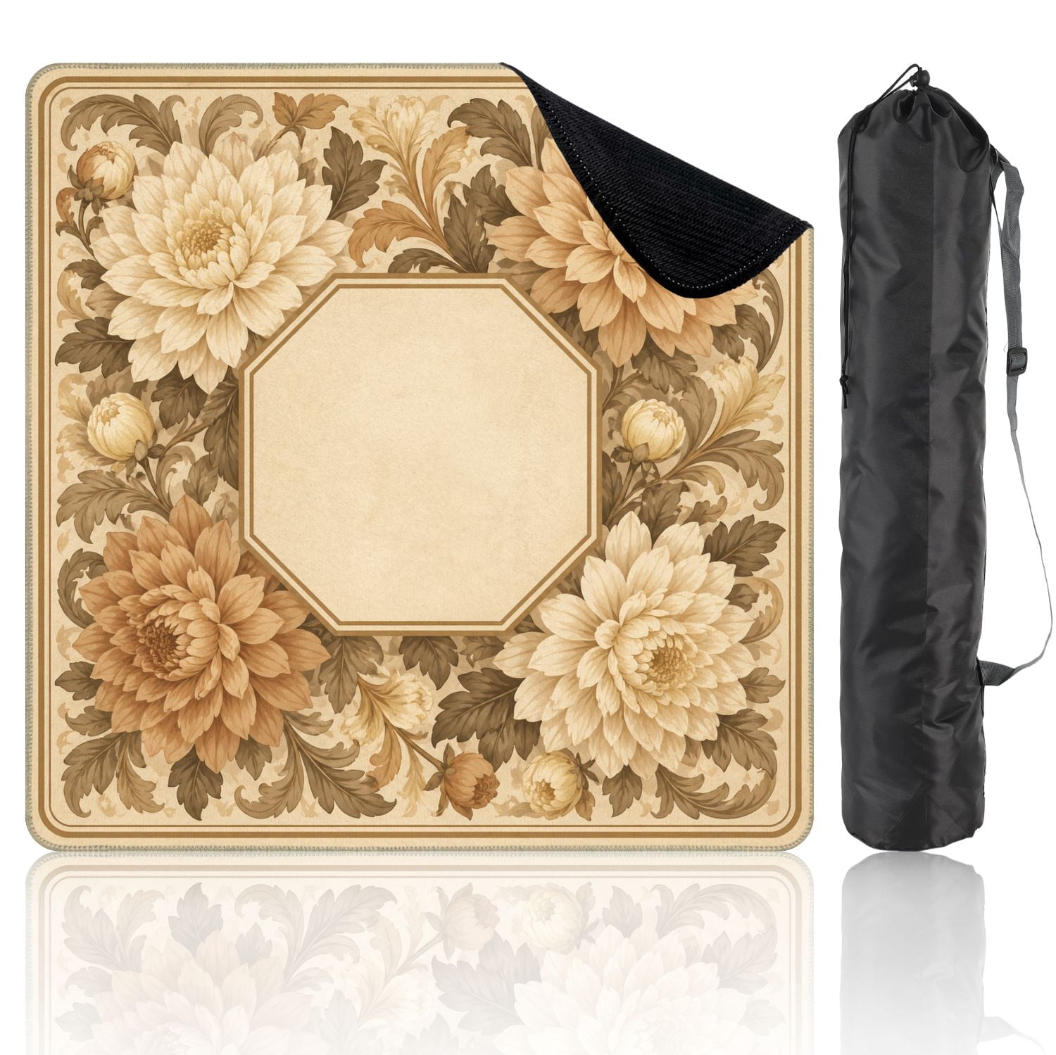 Mahjong Mat 31.5" x 31.5" Vintage Floral Frame Large Beige Brown Chrysanthemum Flowers Non-Slip Noise Reduction Mahjong Tiles Table Cover for Dominoes Poker Card Board and Tile Games