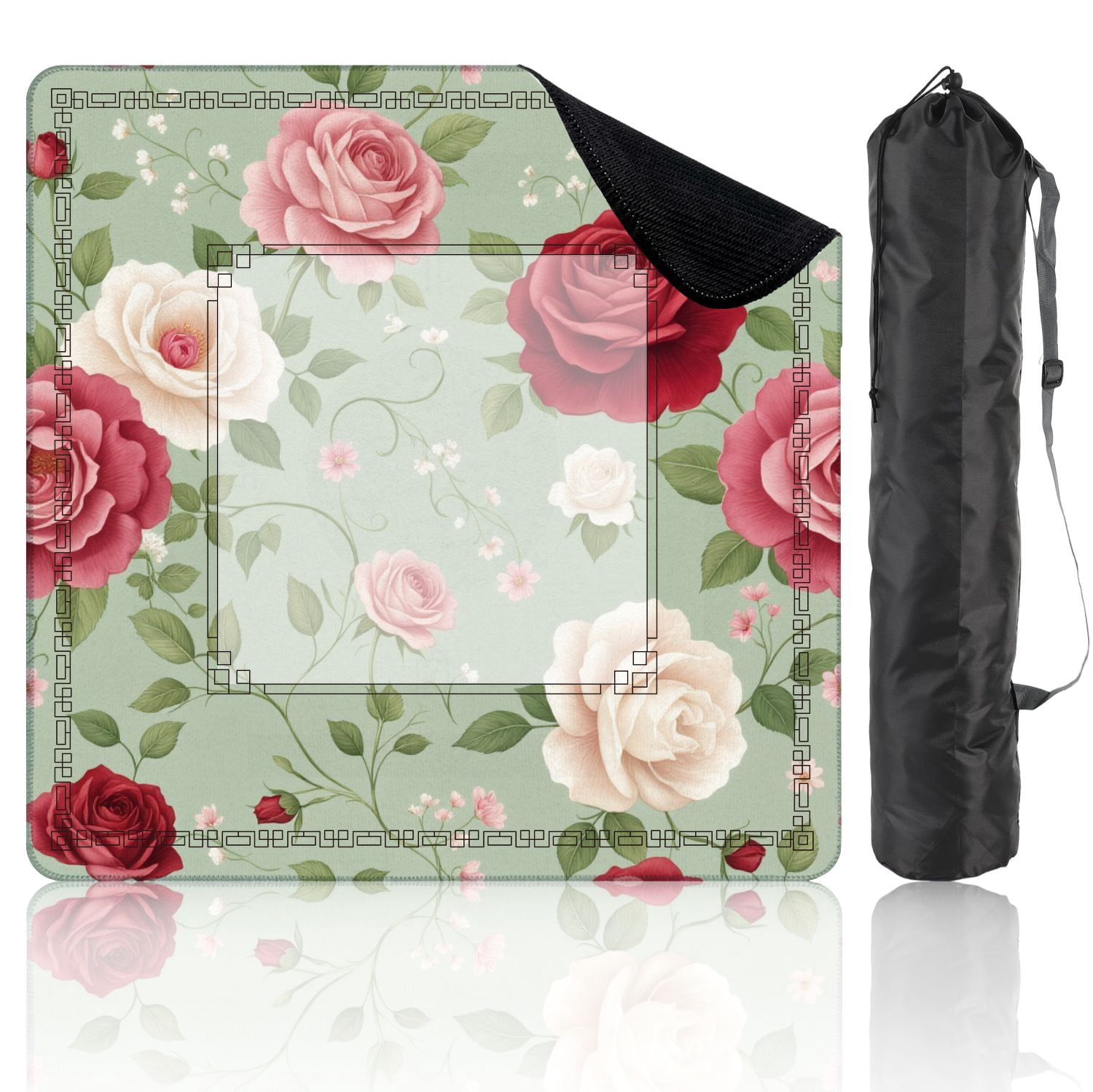 Mahjong Mat 31.5" x 31.5" Vintage Floral Roses Red Pink White Green Non-Slip Noise Reduction American Mahjong Tiles Table Cover for Dominoes Poker Card Board Games Gift