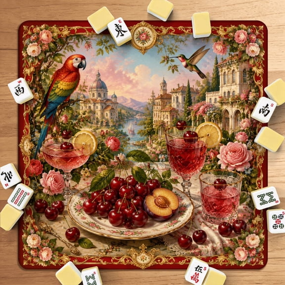 Mahjong Mat 31.5" x 31.5" Vintage Still Life Cherries Red Drinks Parrot Classical Architecture Non-Slip Noise Reduction American Mahjong Tiles Table Cover for Dominoes Poker Card Board Games Gift