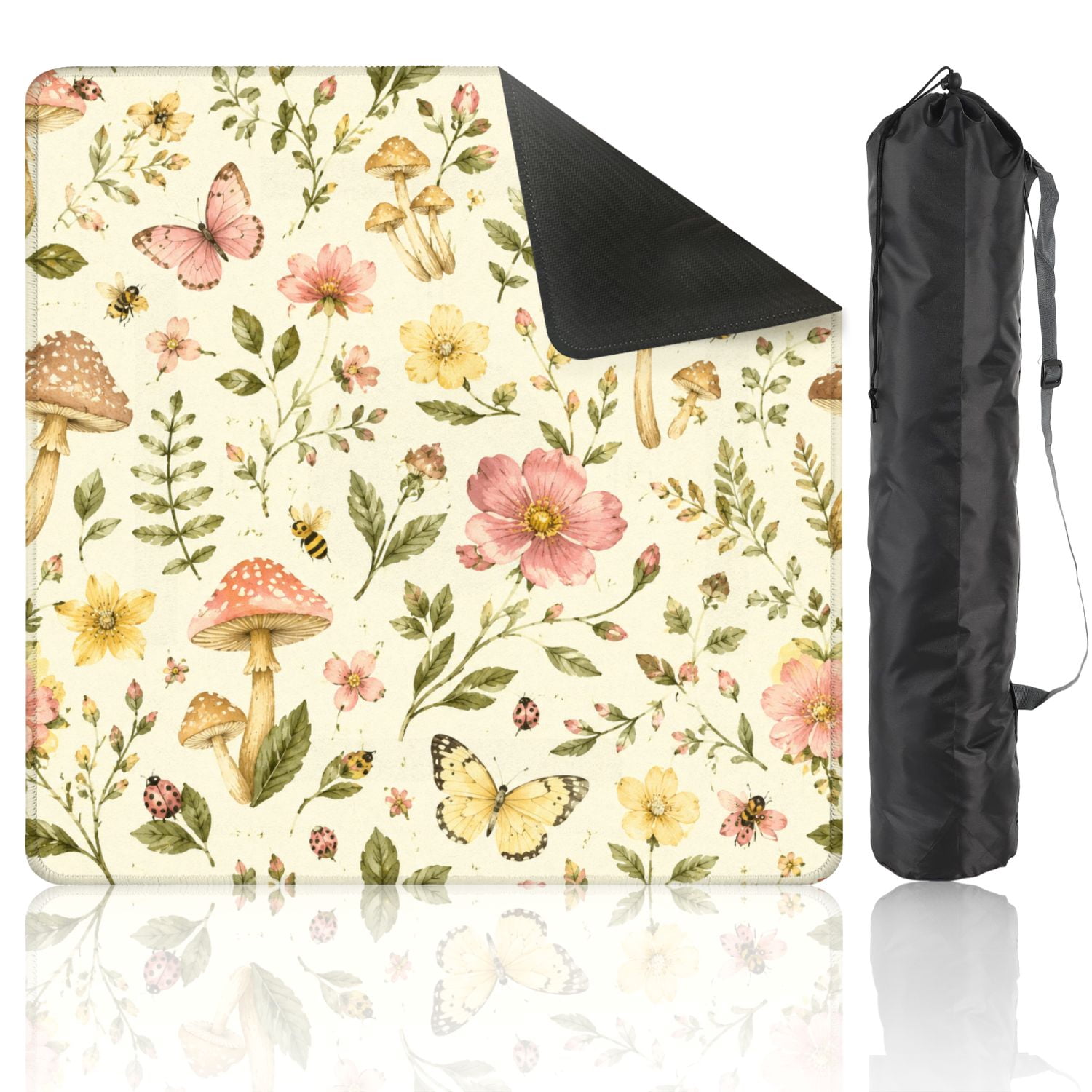 Mahjong Mat 31.5" x 31.5" Vintage Wildflower Mushroom Seamless Butterflies Bees Soft Pastel Non-Slip Noise Reduction American Mahjong Tiles Table Cover for Dominoes Poker Card Board Games Gift