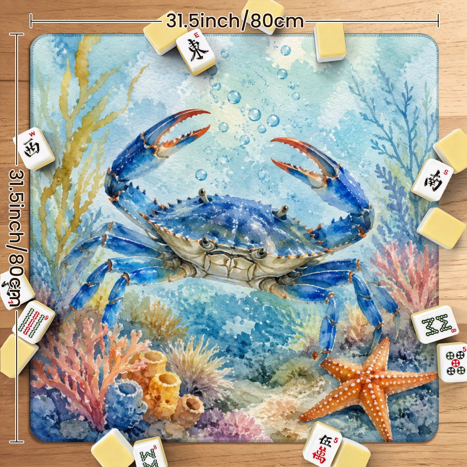 Mahjong Mat 31.5" x 31.5" Watercolor Blue Crab Vibrant Coral Starfish Fish Non-Slip Noise Reduction American Mahjong Tiles Table Cover for Dominoes Poker Card Board Games Gift