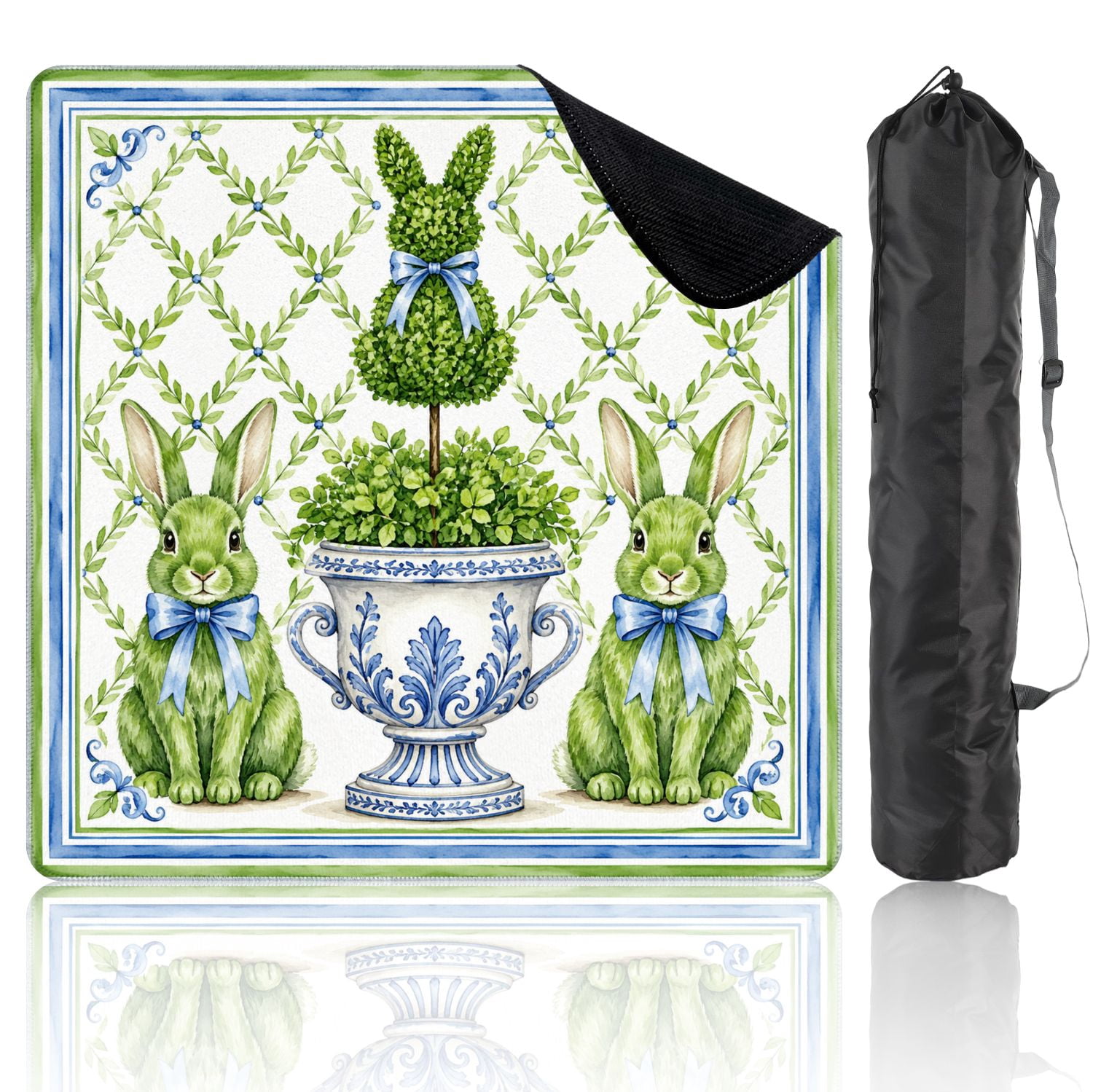 Mahjong Mat 31.5" x 31.5" Watercolor Green Bunny Topiary Garden Blue Bows Classic Urn Leaf Non-Slip Noise Reduction Chic Portable Gaming Table Cover for Family Game Night & Gift