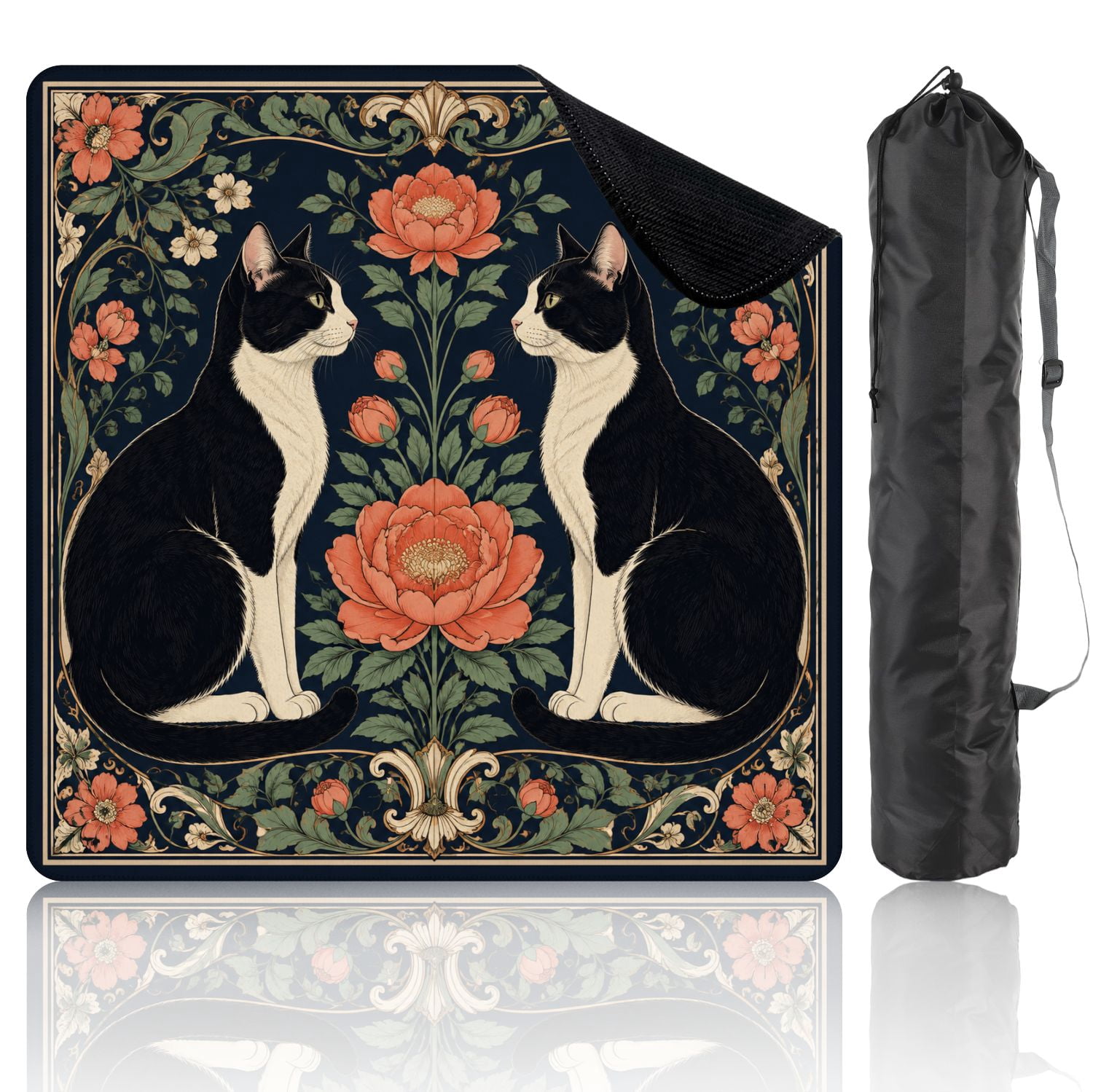 Mahjong Mat 31.5" x 31.5" Whimsical Cat Floral Art Nouveau Style Non-Slip Noise Reduction Mahjong Tiles Table Cover for Dominoes Poker Card Board and Tile Games
