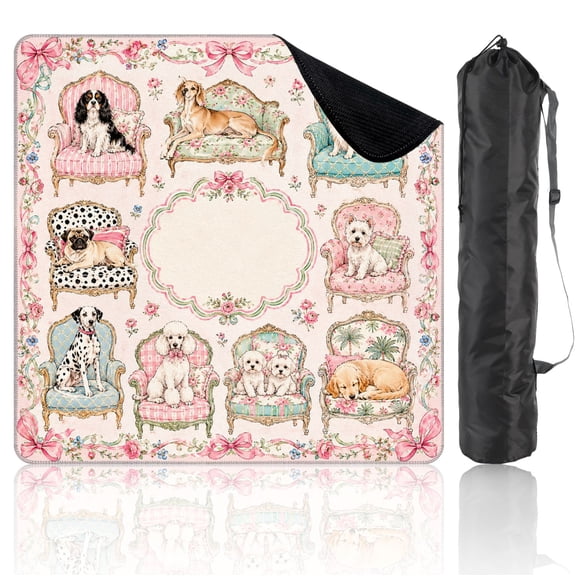 Mahjong Mat 31.5" x 31.5" Whimsical Dogs Vintage Chairs Floral Pink Pastel Non-Slip Noise Reduction Mahjong Accessories Gifts for Board and Tile Games