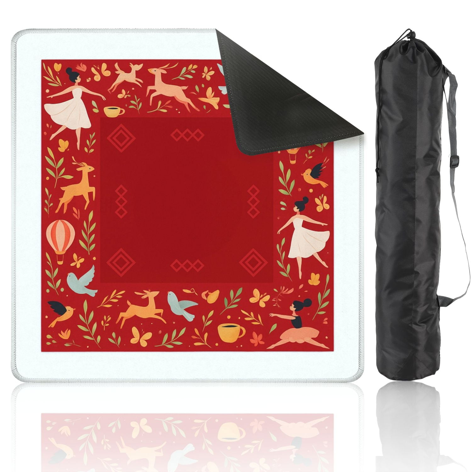 Mahjong Mat 31.5" x 31.5" Whimsical Forest Dance Anti-Slip and Noise Reduction Symmetry Design Mahjong Tiles Table Cover for Dominoes Poker Card Board and Tile Games
