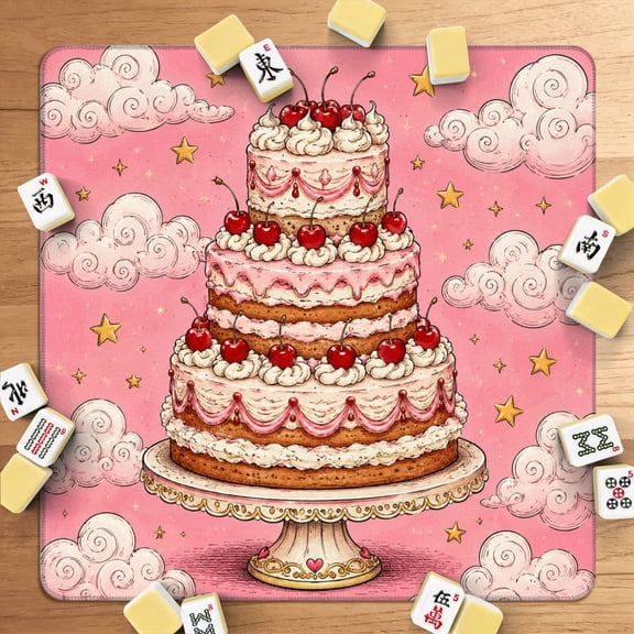 Mahjong Mat 31.5" x 31.5" Whimsical Layered Cake Cherries Clouds Stars Pink Non-Slip Noise Reduction American Mahjong Tiles Table Cover for Dominoes Poker Card Board Games Gift