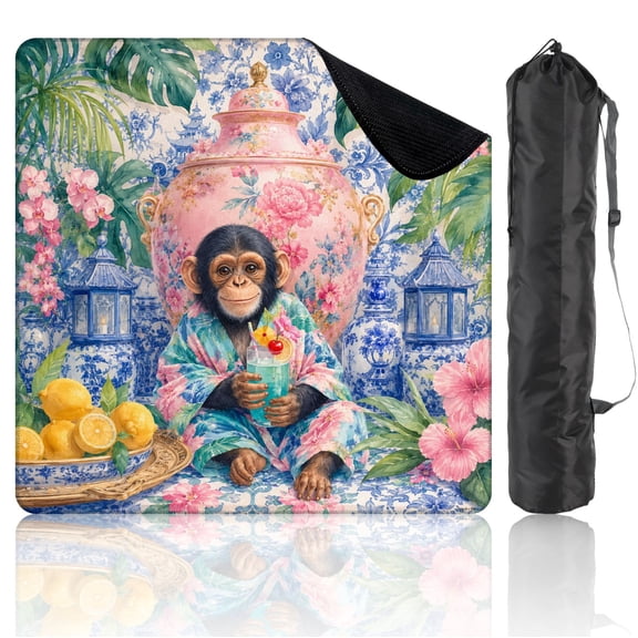 Mahjong Mat 31.5" x 31.5" Whimsical Monkey Floral Robe Vibrant Botanical Pink Vase Lemons Non-Slip Noise Reduction Mahjong Accessories Gifts for Board and Tile Games