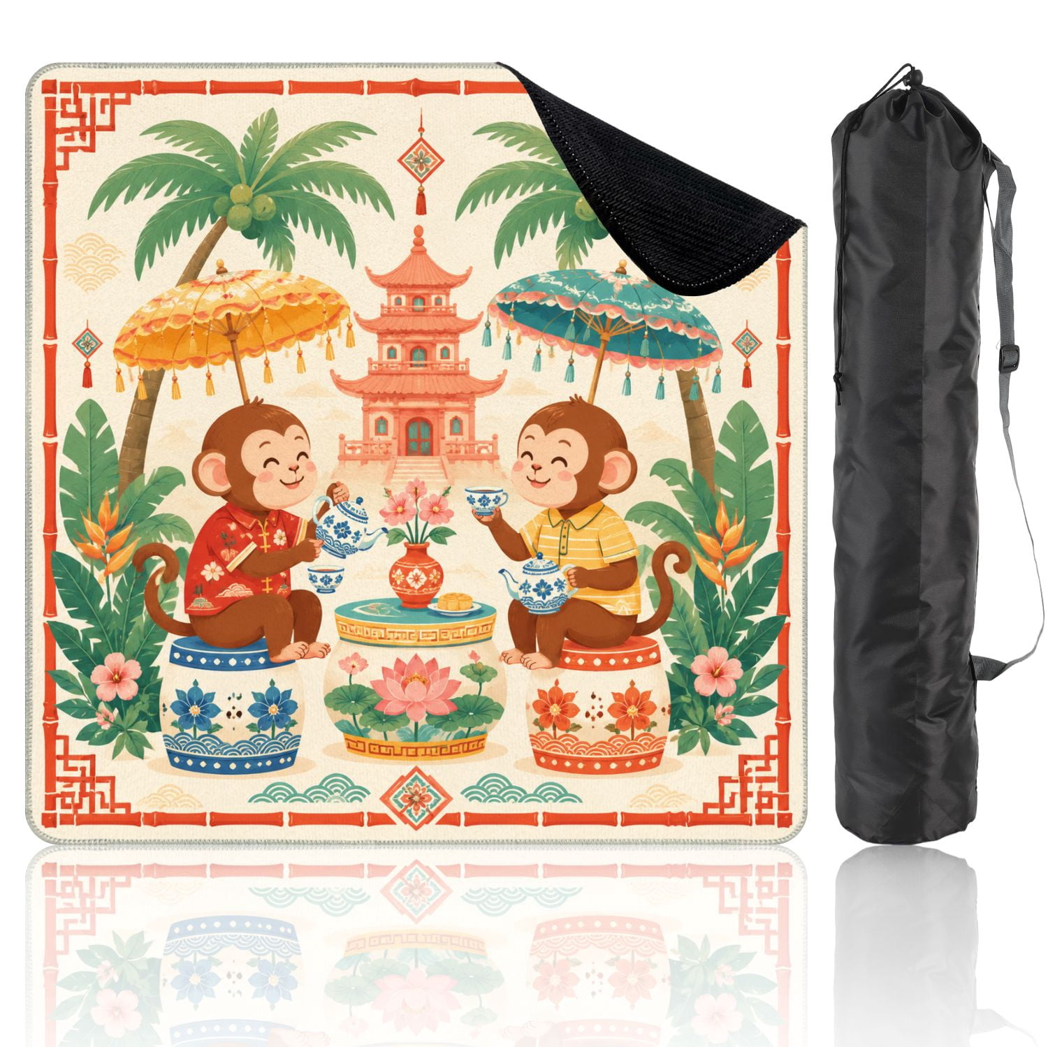 Mahjong Mat 31.5" x 31.5" Whimsical Monkeys Tea Party Oriental Garden Pink Pagoda Palm Trees Non-Slip Noise Reduction Chic Portable Gaming Table Cover for Family Game Night & Gift