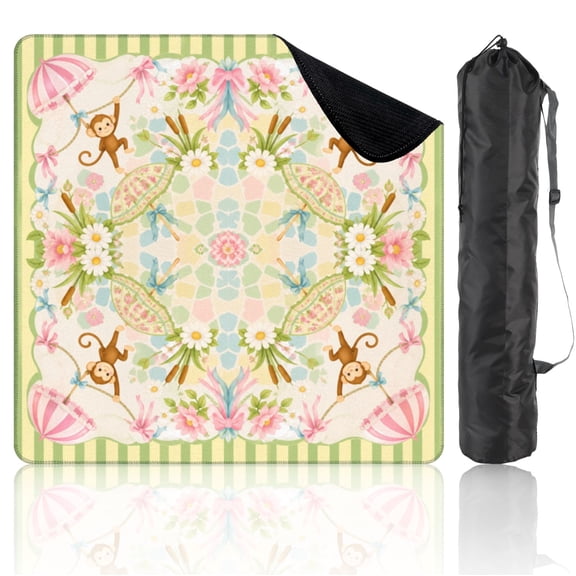 Mahjong Mat 31.5" x 31.5" Whimsical Pastel Floral Playful Monkeys Non-Slip Noise Reduction Mahjong Accessories Gifts for Board and Tile Games
